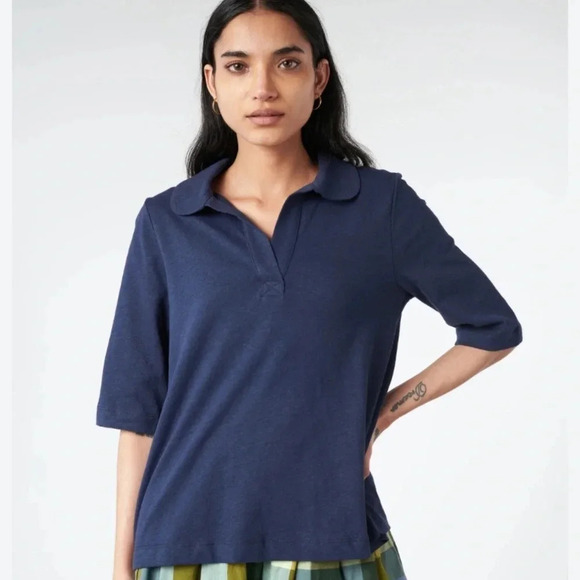BANANA Republic Heathered Navy Blue Cropped Short Sleeve Polo Preppy T-Shirt  L - Picture 1 of 9